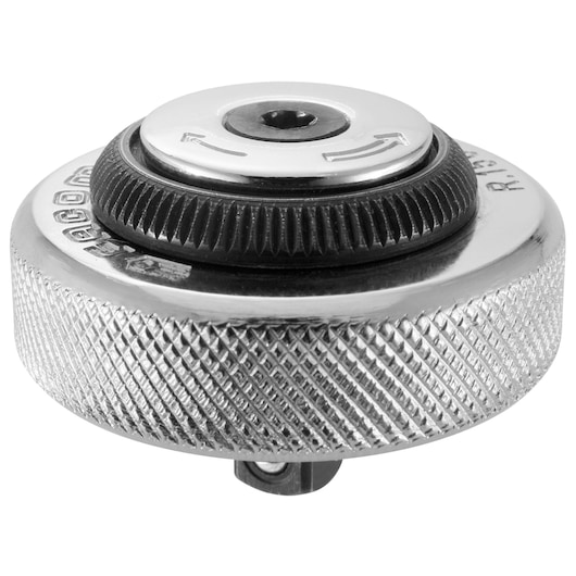 Facom R_150A round metal ratchet head with textured grip, side angle on white background.