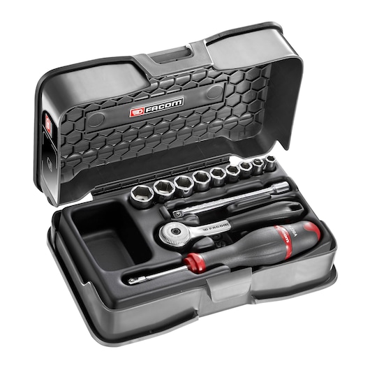 Facom R_151-1P6 ratchet and socket set in black hard case, photographed at an angle on white background.