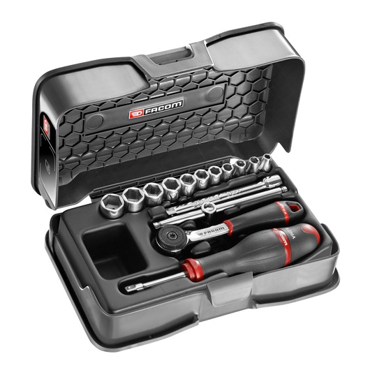 Facom R_161-1P6U socket and ratchet screwdriver set in black hard case, photographed from above on white background.