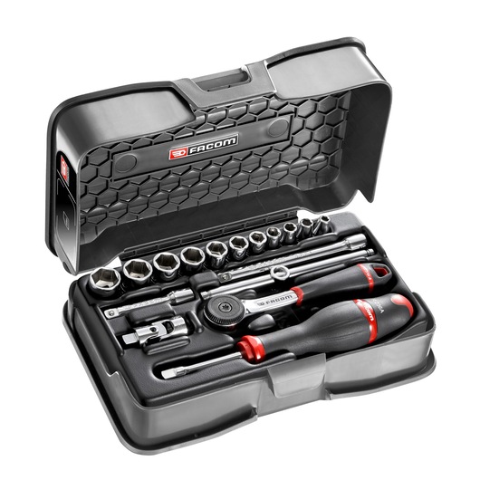 Facom socket and ratchet set R_161-2P6U in black plastic case, top view on white background.