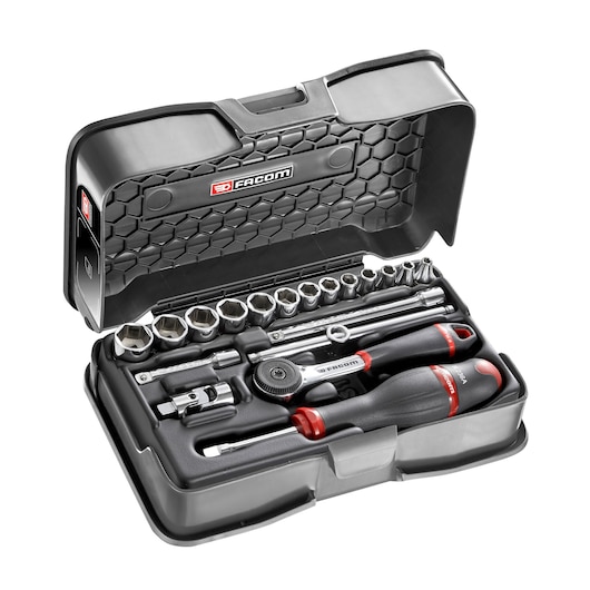 Facom R_161-3P6 socket and ratchet set in black hard case, top angle, with red and silver accents.