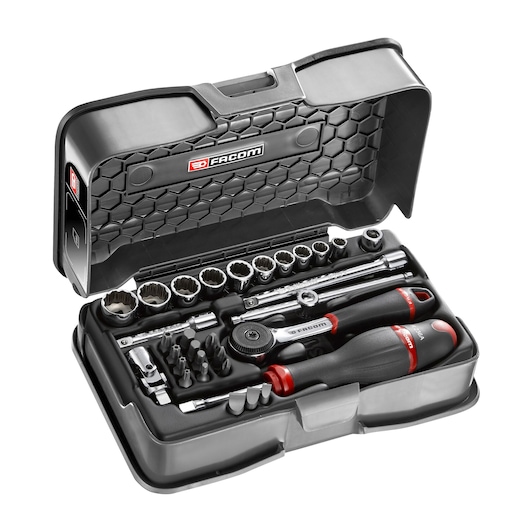 Facom R_161-4P12U tool set with ratchet, screwdriver, sockets, bits in black plastic case, front angle.