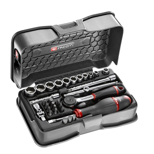 Facom R_161-4P6U ratchet and screwdriver socket set in black plastic case, shown at an angle on a white background.