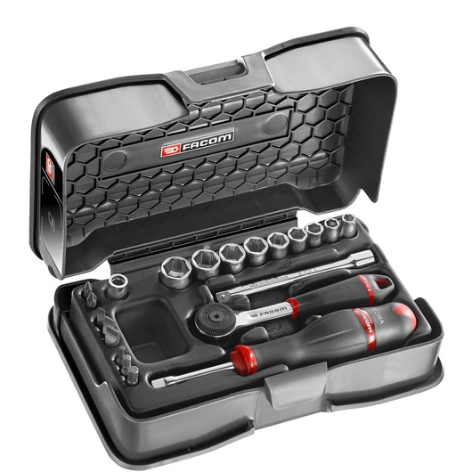 Facom R_161-4P6 socket and screwdriver set in black hard case, featuring multiple sockets, ratchet, and screwdrivers, front angle.