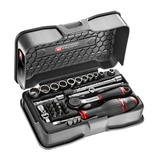 Facom R_161-5P12 socket and screwdriver tool set in black plastic case, open, angled view.
