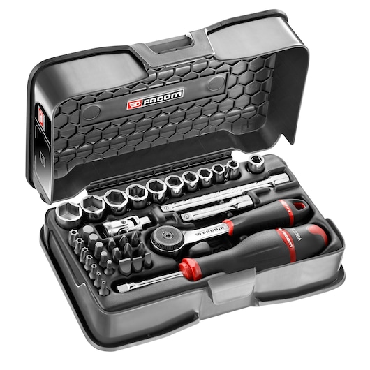 Facom R_161-5P6U socket and bit set in a black case, open top view, showing ratchet, screwdriver handles, and bits.