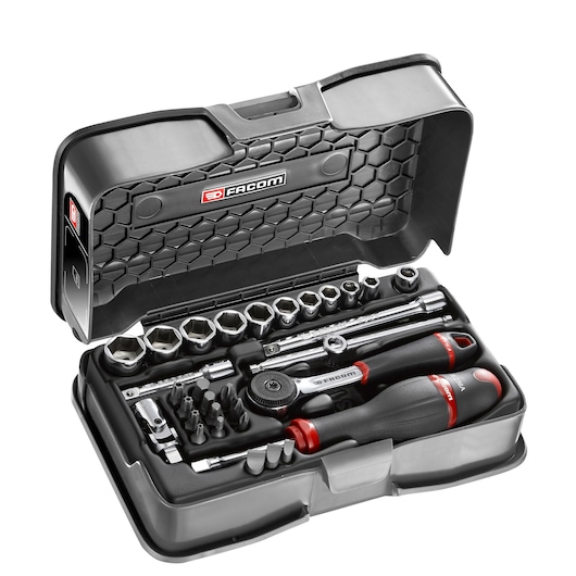 Facom R_161-5P6 ratchet and screwdriver bit set in black hard case, sockets, bits and handles visible, angled view.