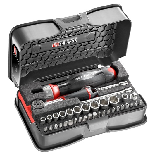 Facom R.161-6ATCL3PB socket and bit set with ratchet handle in black plastic case, angled view.