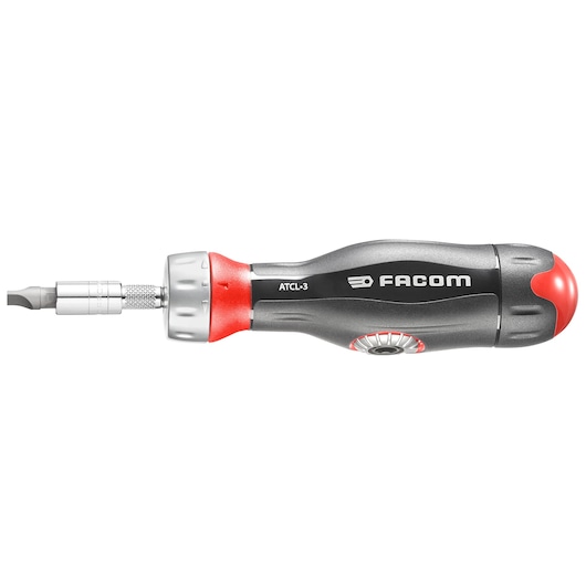 Facom R.161-6ATCL3PB ratcheting screwdriver with black and red handle and interchangeable bit, side view, white background.