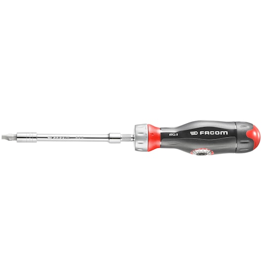 Photo of Facom R.161-6ATCL3PB ratcheting screwdriver with black and red ergonomic handle, side view on white background.