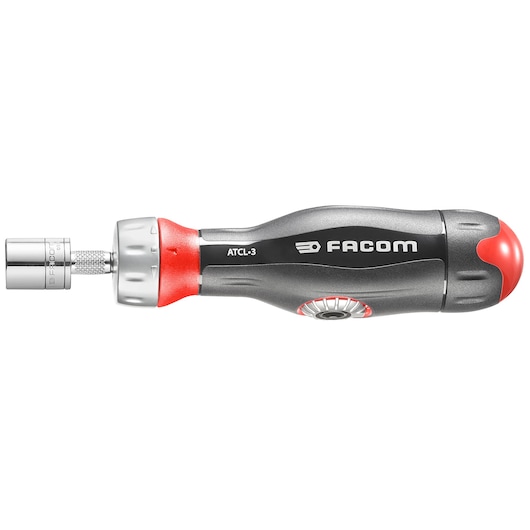 Facom R.161-6ATCL3PB ratcheting screwdriver, black and red handle, side view on white background.