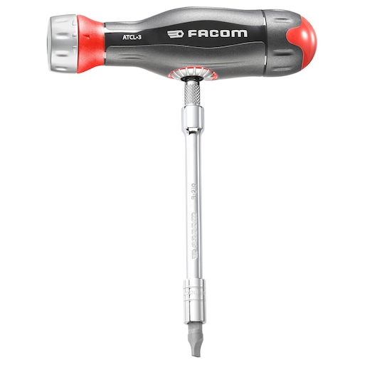 Photo of Facom R.161-6ATCL3PB T-handle screwdriver with black, red, and silver colors, front angle on white background.