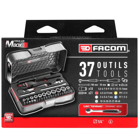 Facom R.161-6M6PB modular tool set, 37-piece socket and ratchet kit in black case, front angle on white background.