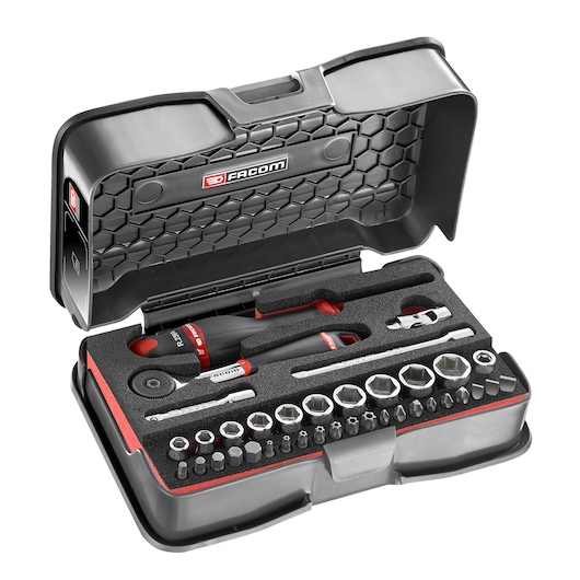 Facom R_161-6M6 socket and bit set in black hard case, open angled top view, multiple tools organized in foam.