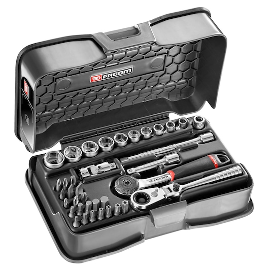 Facom R.161-6P6HXPB socket and bit set in black hard case, top view, arranged with ratchet, bits, and accessories.