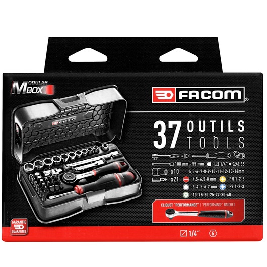 Facom R.161-6P6PB modular tool set, 37-piece socket and bit set in black hard case, front product packaging photo.