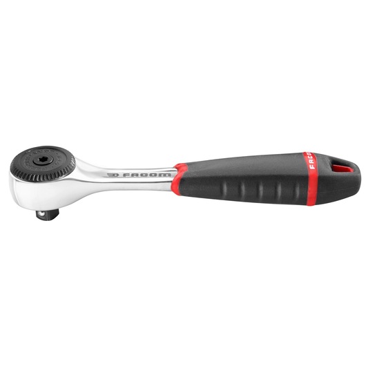 Facom R_161B ratchet wrench with black and red ergonomic handle, side angle, on white background.