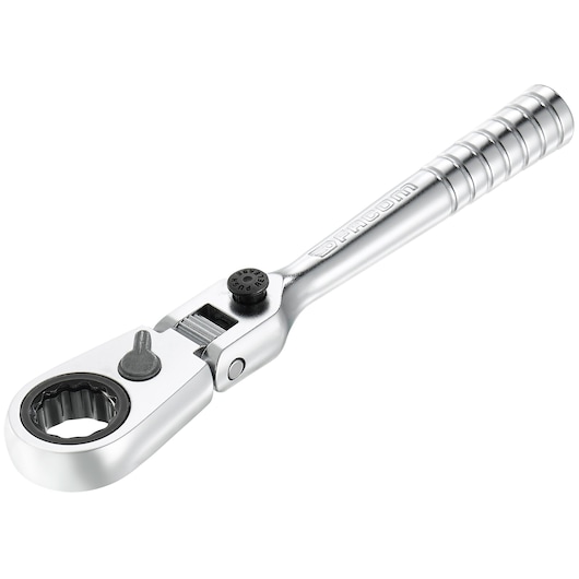 Facom R_180HX silver ratcheting wrench, side angle on white background, textured handle.