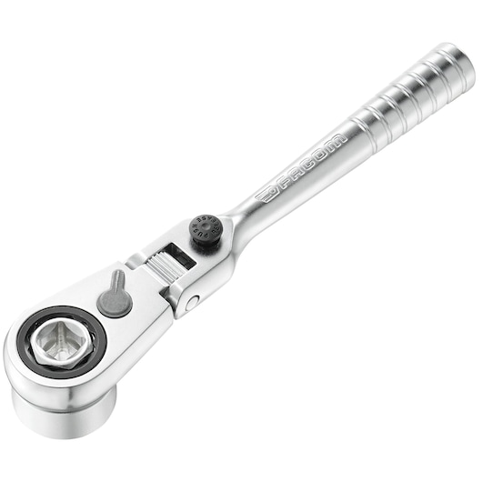 Facom R_180HX ratchet wrench, silver metal, ergonomic handle, side angle product photo on white background.