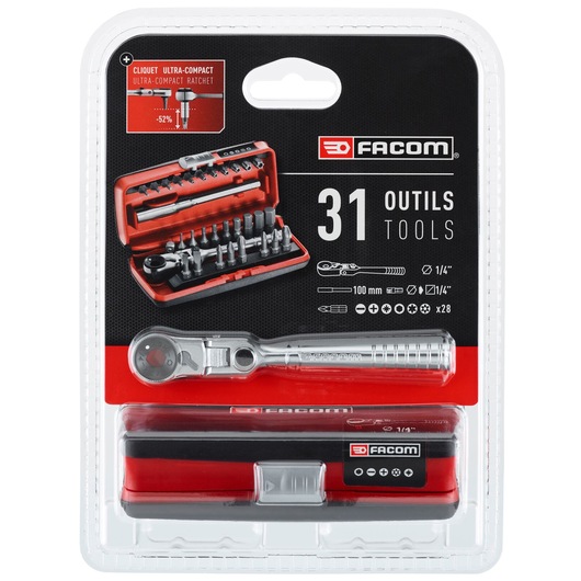 Facom R.180J31PB 31-piece ultra-compact ratchet and bit set in red and black case, front angle.