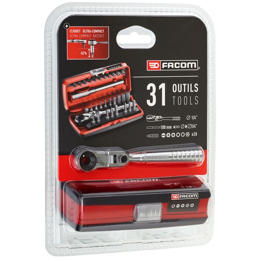 Facom R.180J31PB 31-piece ultra-compact ratchet and bits set in red and black plastic case, front angle.