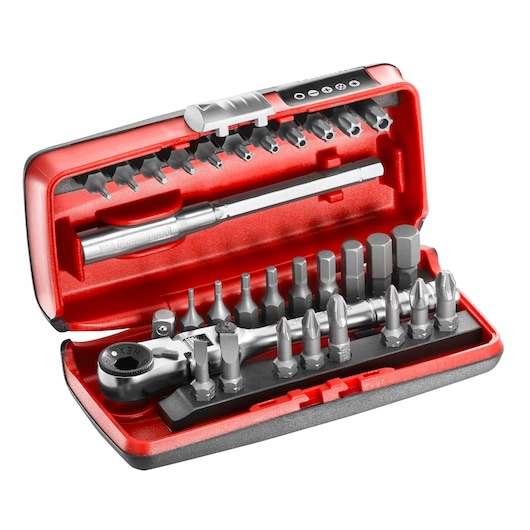 Facom R_180J31 ratchet screwdriver and bit set in red and black case, front angle.