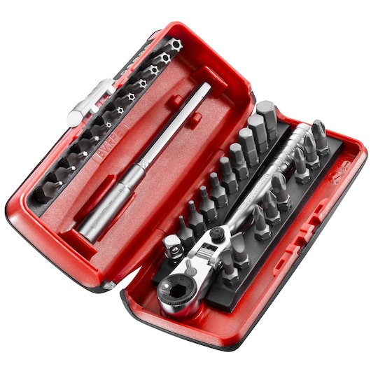 Facom R_180J31 ratchet bit set in red hard case, assorted bits and accessories, angled product shot.