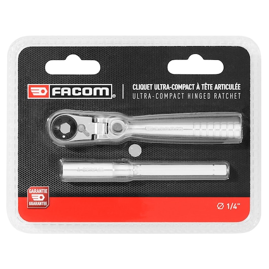 Photo of Facom ultra-compact hinged ratchet and extension bar set R_180PB in retail blister packaging, black and red background.