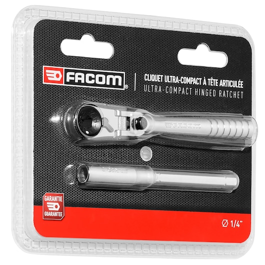 Facom R_180PB ultra-compact hinged ratchet set with extension bar in retail blister packaging, photo front angle.
