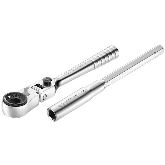 Facom R_180 silver ratchet wrench and extension bar, tool photography, angled on white background.