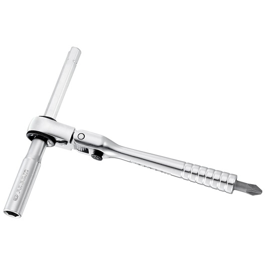 Photo of Facom R_180 T-handle ratchet with chrome finish and integrated screwdriver, side angle on white background.