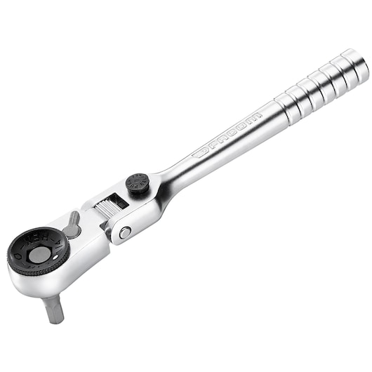 Facom R_180 chrome finish ratchet wrench, knurled handle, side view on white background.