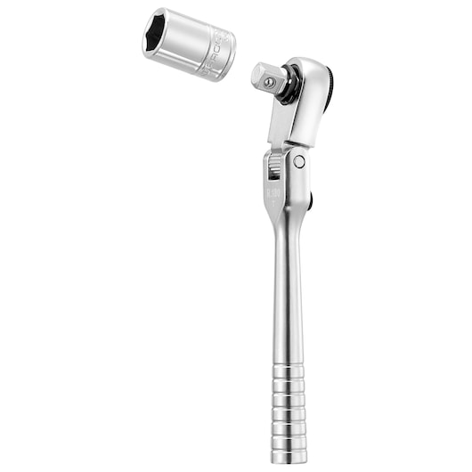 Facom R_180 ratchet wrench with pivoting head and detached socket, front view on white background.