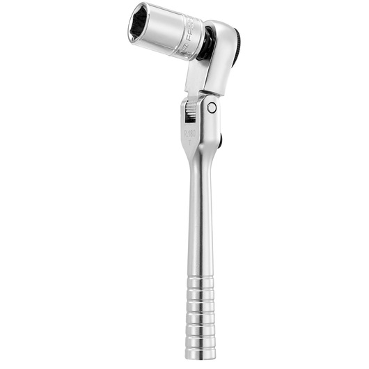 Facom R_180 ratchet handle with socket attachment, silver finish, vertical angle on white background.