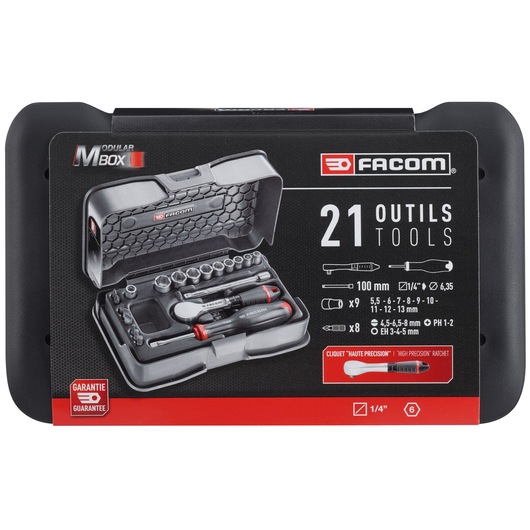 Facom modular 21-piece tool set R.181-4P6PB case, showing sockets, ratchet, and accessories, front view.