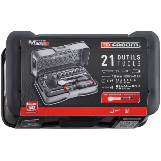 Facom modular tool set R.181-4P6PB with 21 pieces in a hard black case, photo of packaging, front angle.