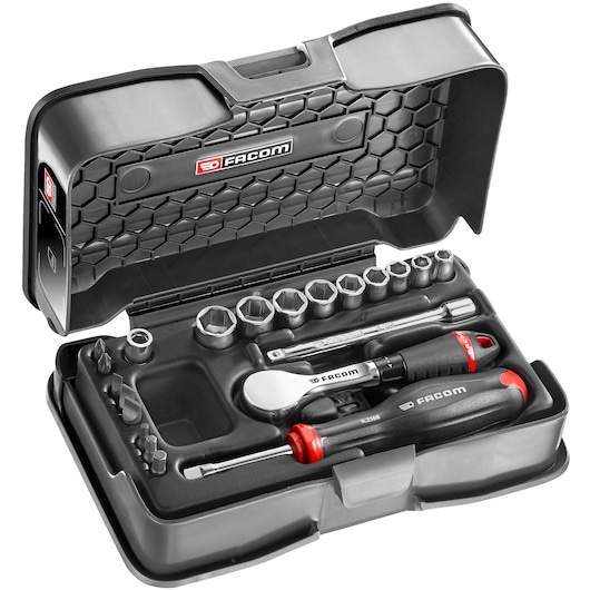 Facom R_181-4P6 socket and screwdriver set in black case, open to show ratchet, screwdrivers, and sockets.