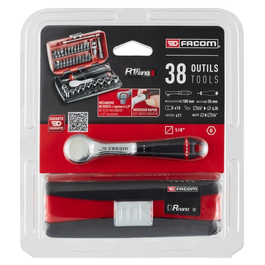 Facom R.181NANOPB 38-piece ratchet socket tool set in retail packaging, top-down angle, clear view of tools and branding.