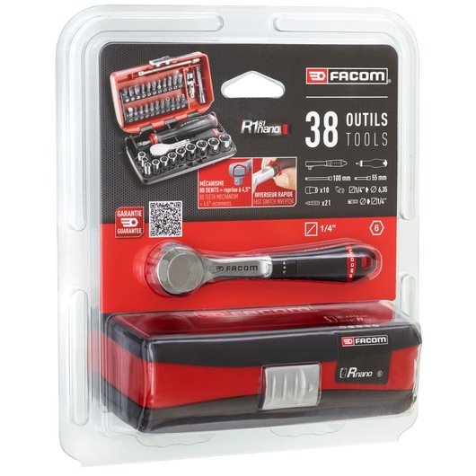 Photo of Facom R.181NANOPB 38-piece tool set in red and black hard case, packaging front angle.