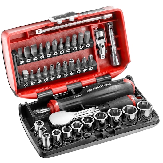 Facom R_181NANO compact socket and bit set in red and black case, photographed from front angle.