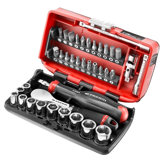 Facom R_181NANO socket and bit set, red and black compact case, open, showing sockets, bits, ratchet, and accessories, front angle.