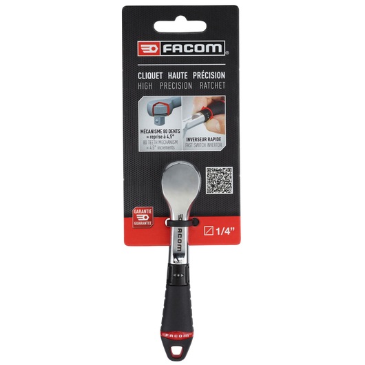 Facom R.181PB high precision 1/4 inch ratchet, black and silver, front view on packaging.