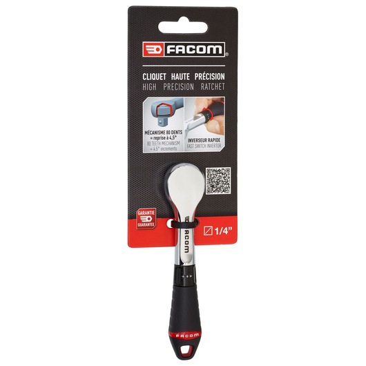 Facom R.181PB high precision ratchet with black and red handle, 1/4 inch, shown in retail packaging front view.