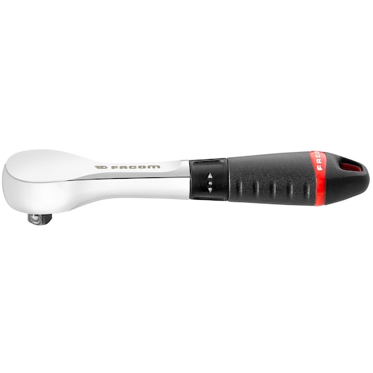 Facom ratchet wrench R_181 with black and red handle, side view, photography on white background.