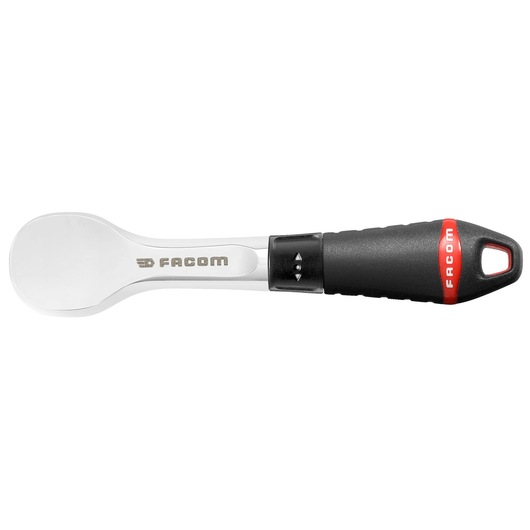 Facom R_181 ratchet with black textured handle and red accent, top view on white background.