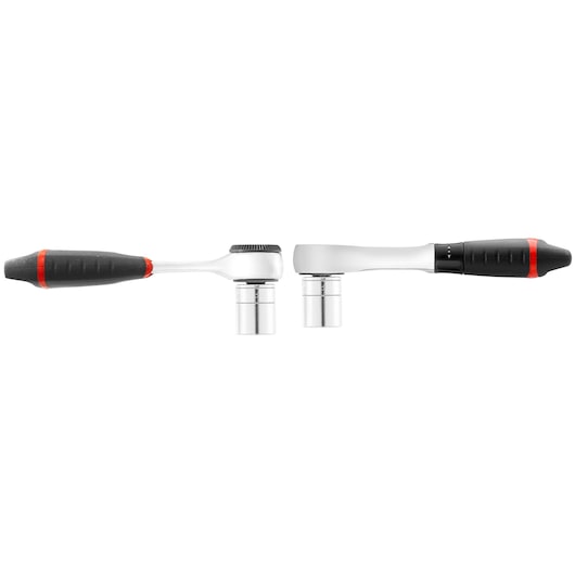 Facom R_181 ratchet wrench with black and red handle, side and top views, on white background.