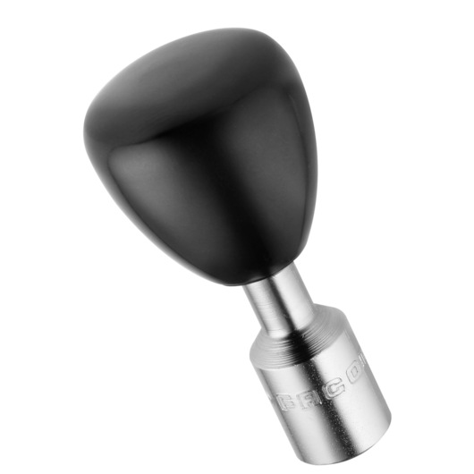 Facom R_200P photography of black ergonomic handle with silver metal base, angled on white background.