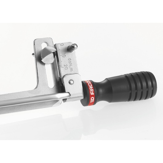 Photo of Facom R_203A torque wrench handle and adjustment mechanism, black grip, close-up on white background.