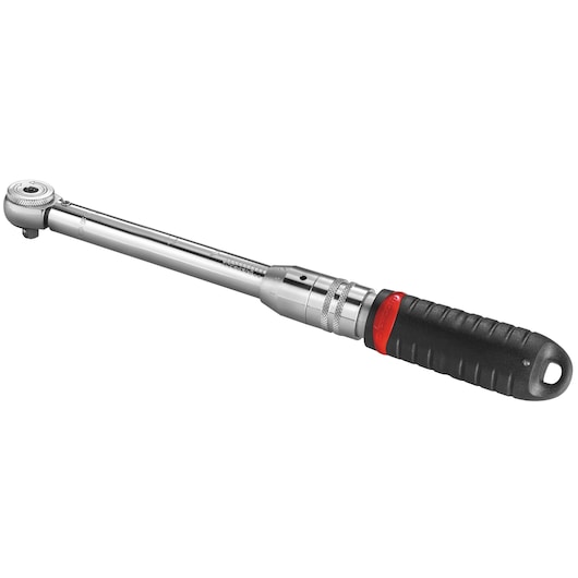 Facom R.208-25PB torque wrench with black and red textured handle, photographed on white background, side angle.