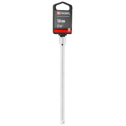 Facom EXTENSION_150_MM_1/4 chrome extension bar 150 mm, front angle, with packaging tag